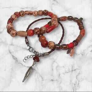 Southwestern Wooden Glass Heishi Beads Stretch & Leather Handmade Bracelet Set